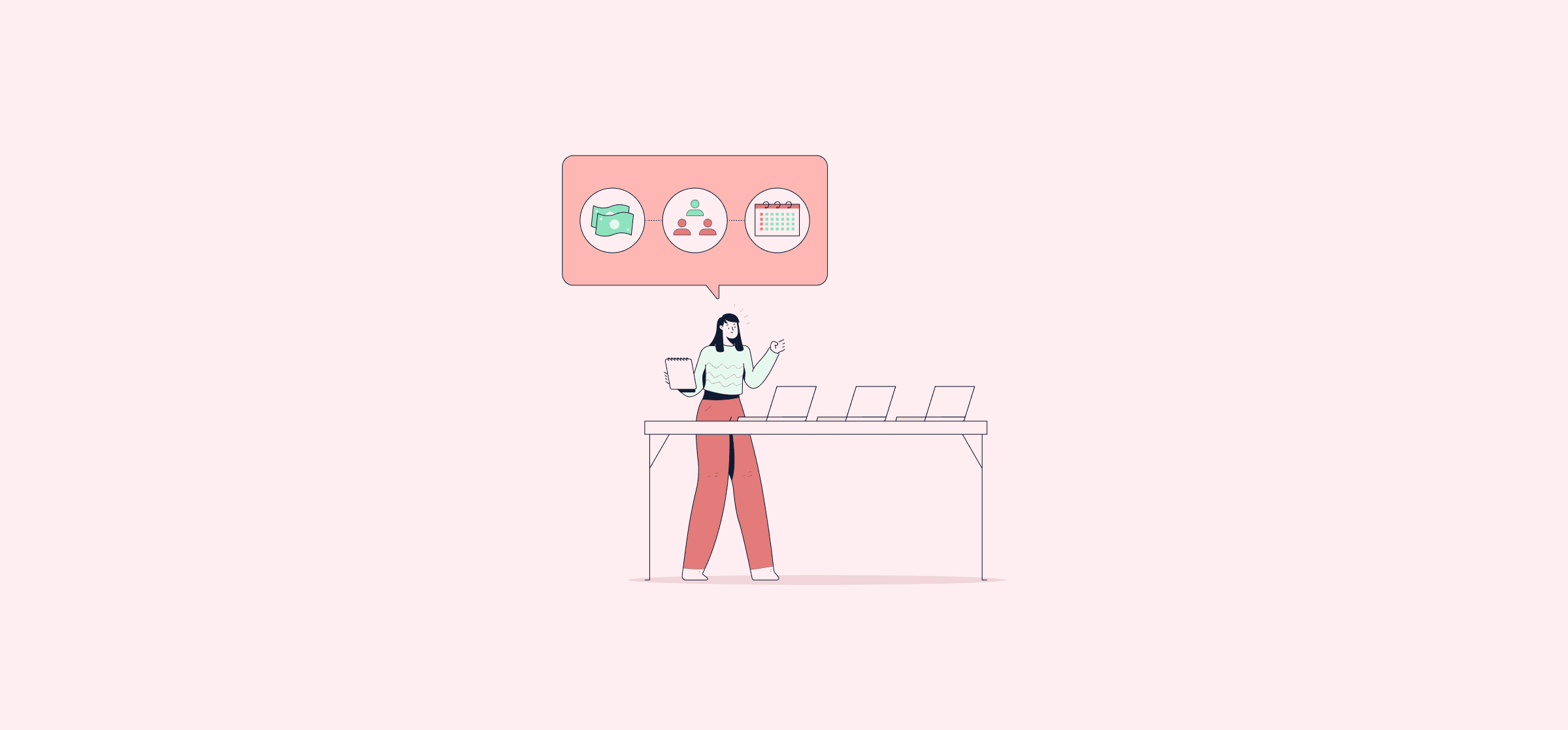 An illustration of a person talking by three laptops, representing a post about managing remote teams.