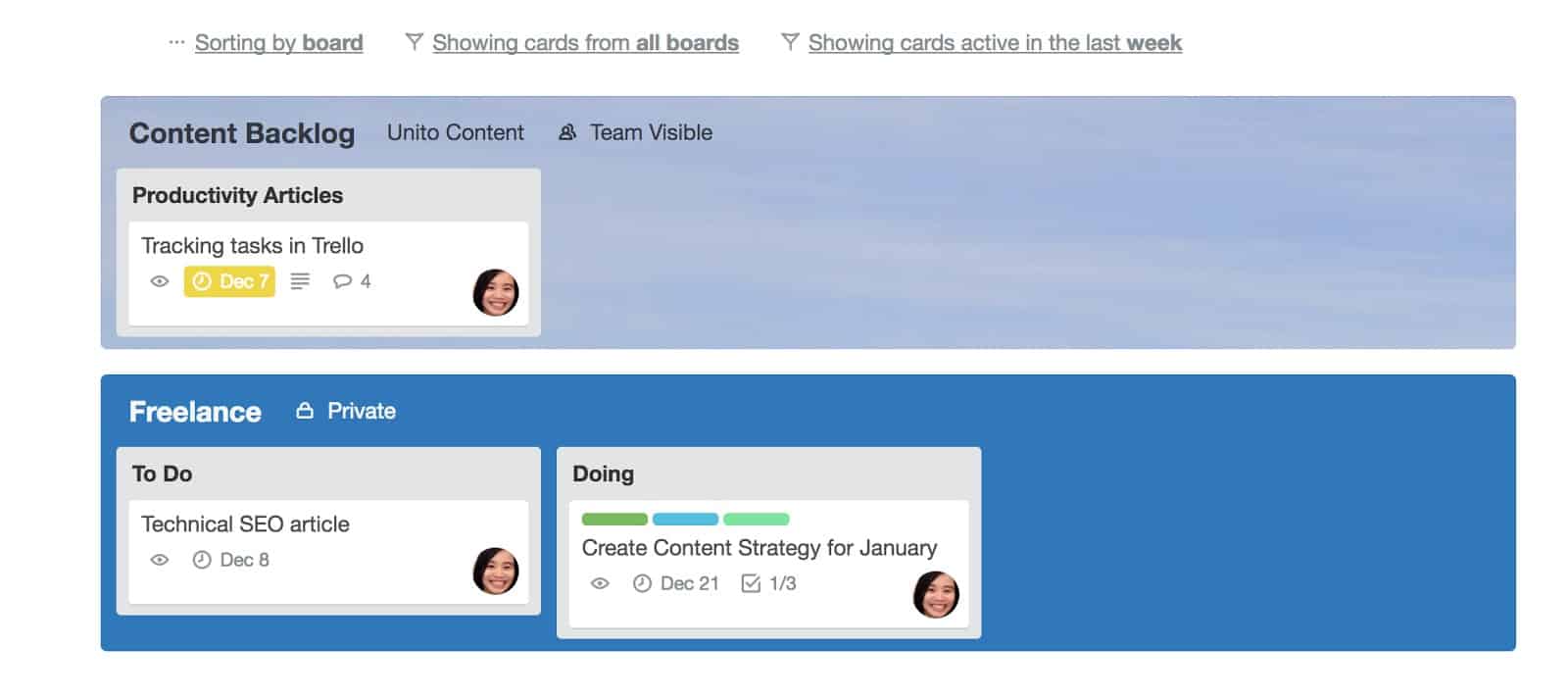 Viewing cards across several Trello boards