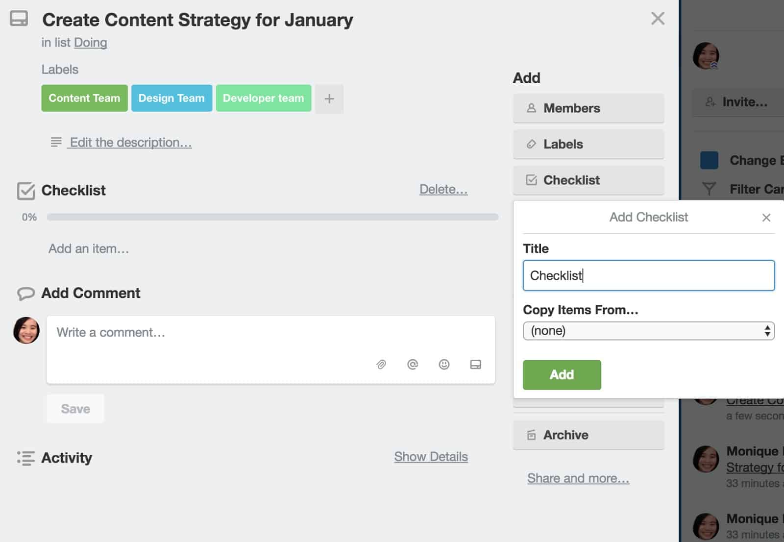 Creating a checklist in Trello for better Trello project management