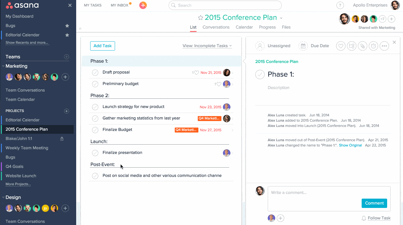 Using Asana sections to organize tasks