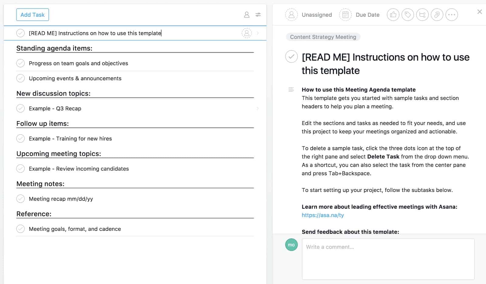 Editing tasks and sections in an Asana task