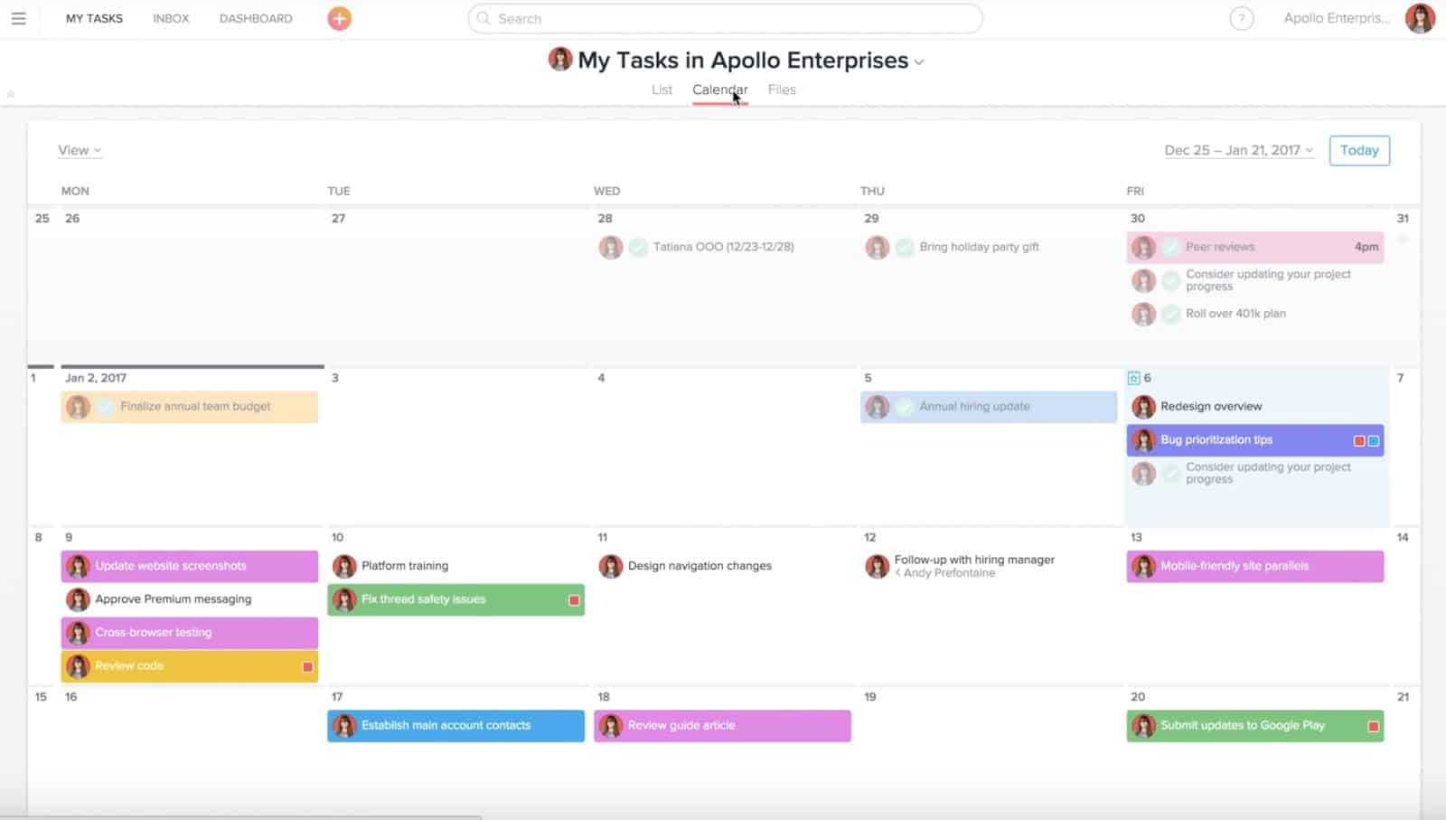 Asana calendars