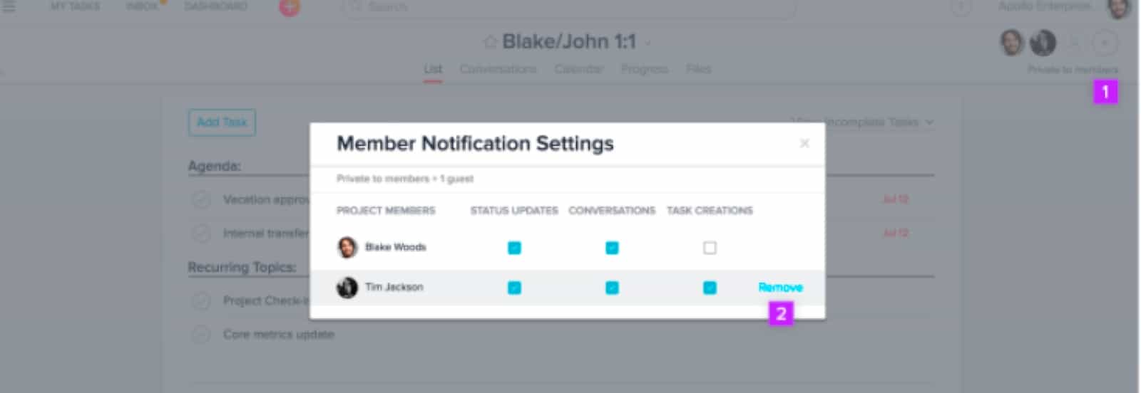 Member notification settings in Asana