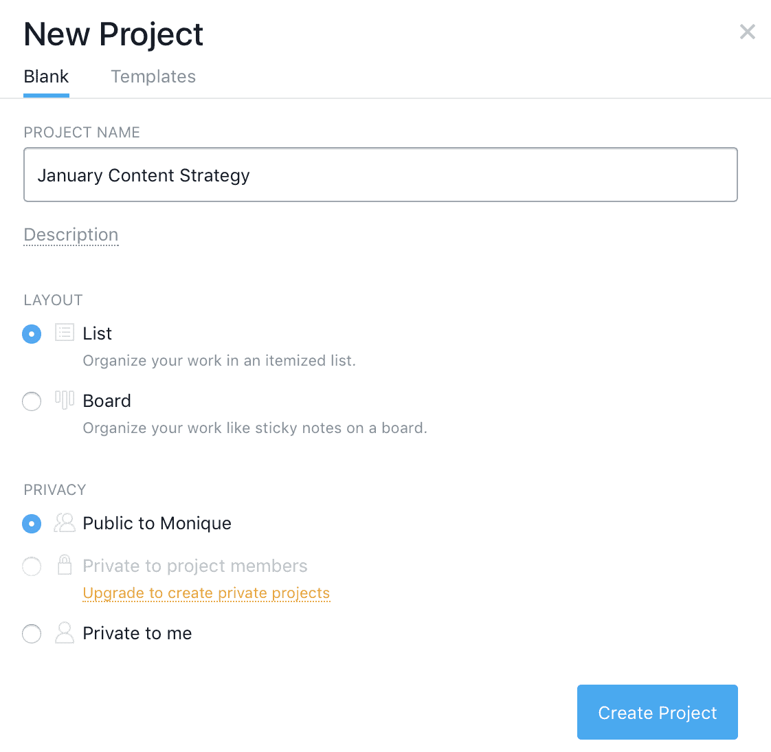 Project permissions selection in Asana