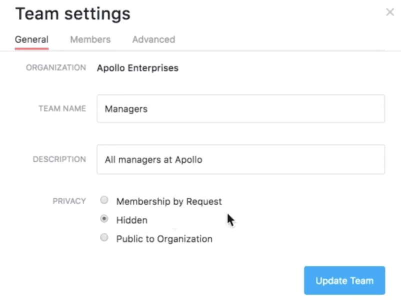 Asana team settings menu