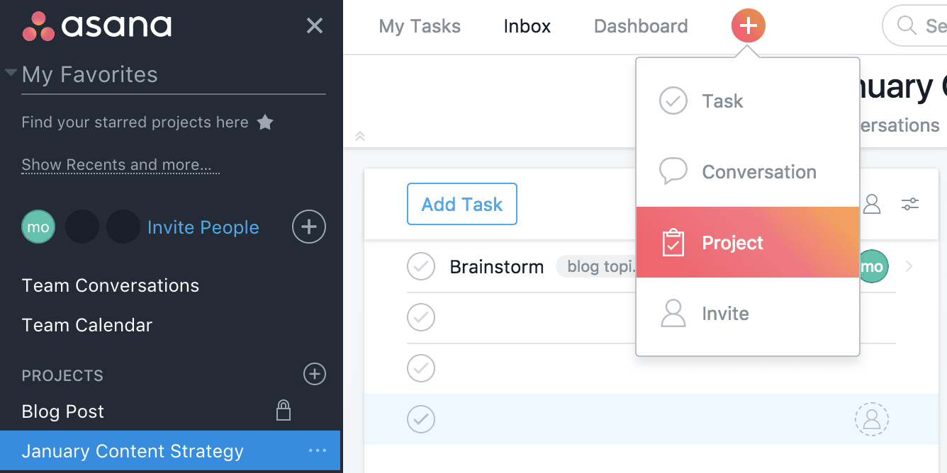 How to create a new project in Asana