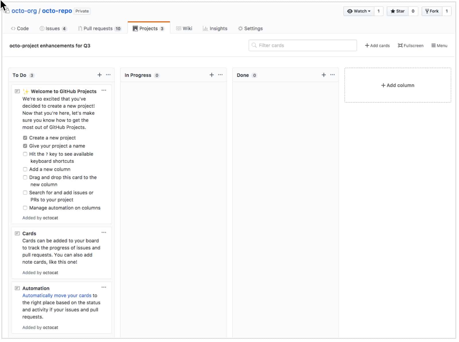 A GitHub Projects' kanban-style board