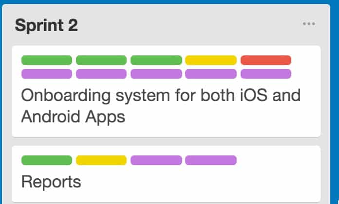 A Trello card with color-coded team labels