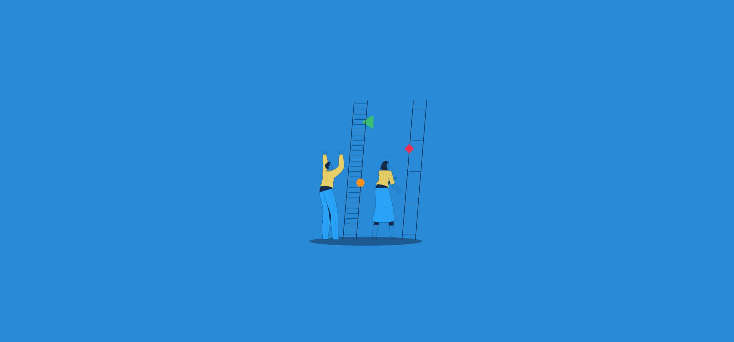 Two people standing at the bottom of two ladders, one with more rungs than the other, representing performance management.