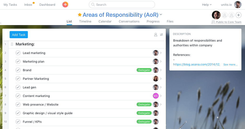Unito's AORs listed out in Asana