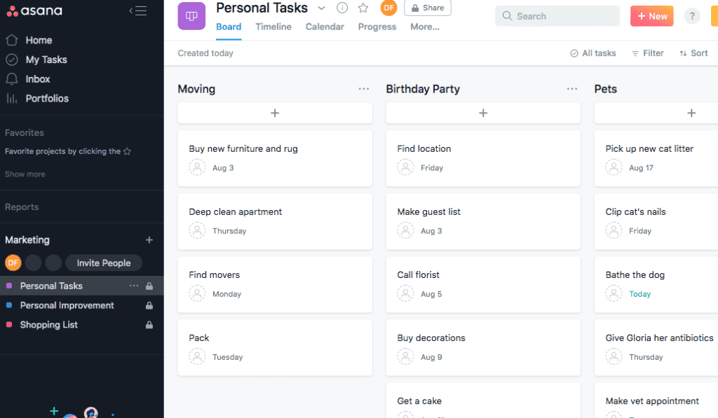 Asana personal tasks board