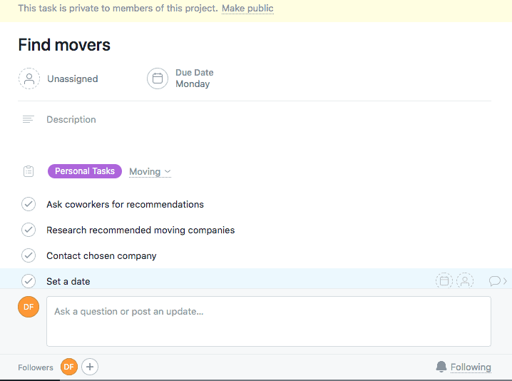 Big tasks broken down in Asana