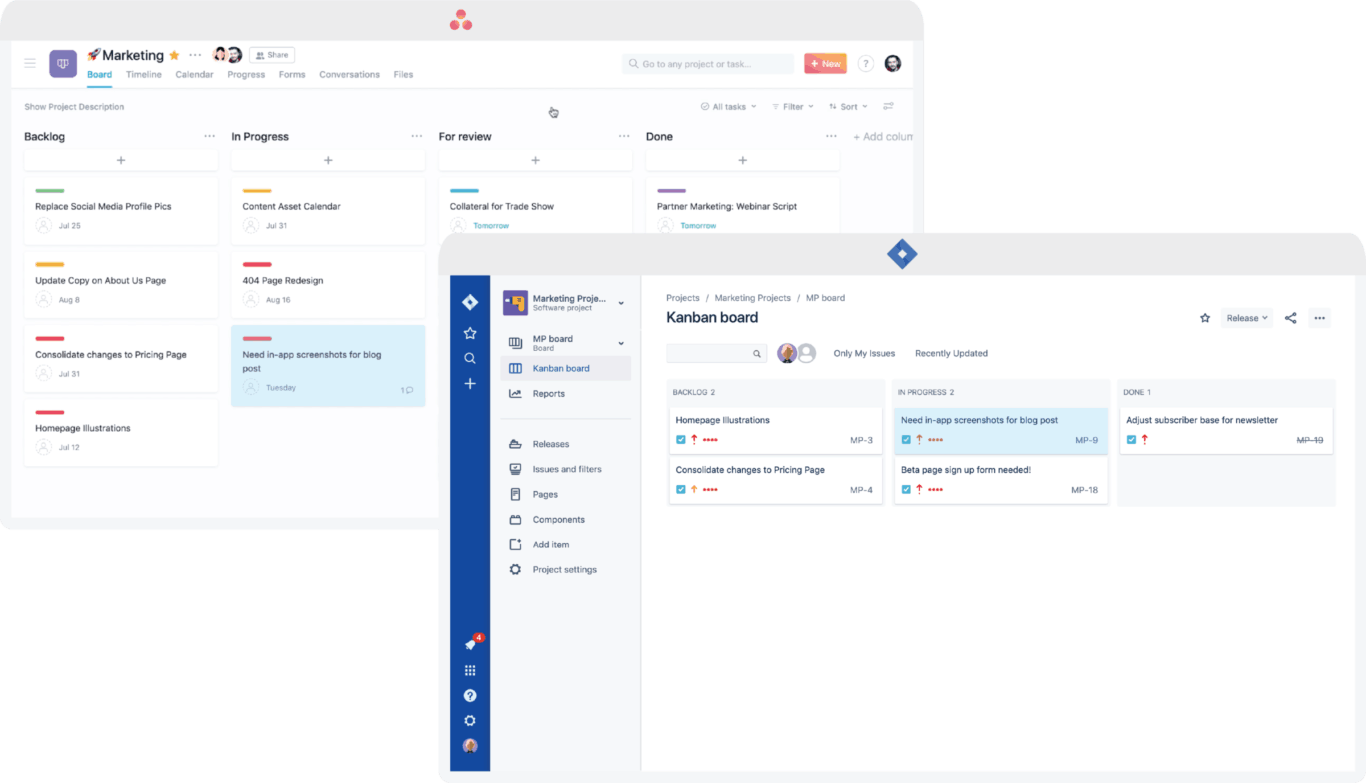 A screenshot of an Asana project and a Jira project kept in sync with Unito's integration.