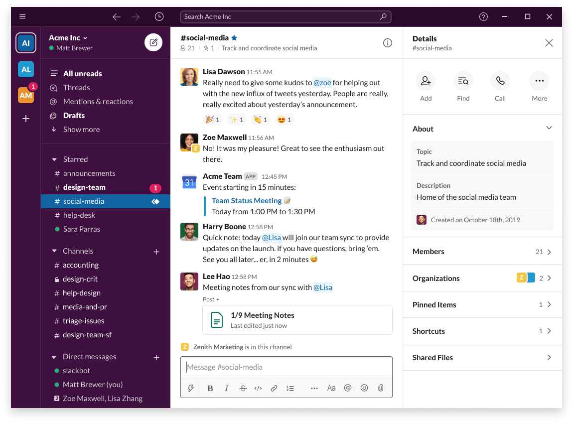 A screenshot of Slack, one of many essential project management integrations.