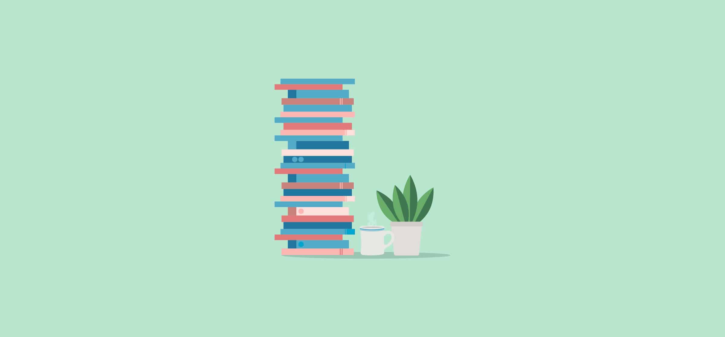 A stack of books next to a coffee mug and a small plant