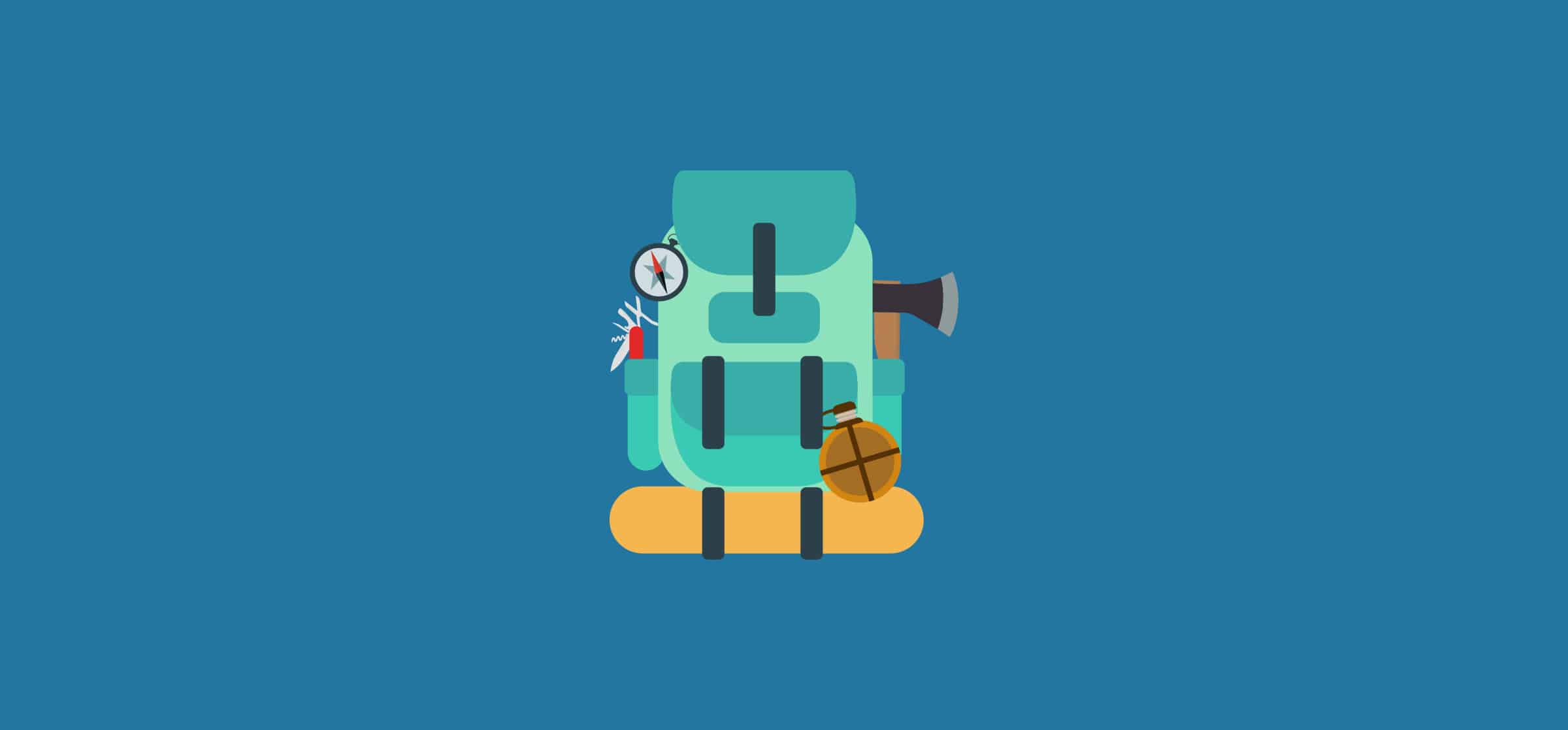 A backpack with compass, hatchet, and canteen
