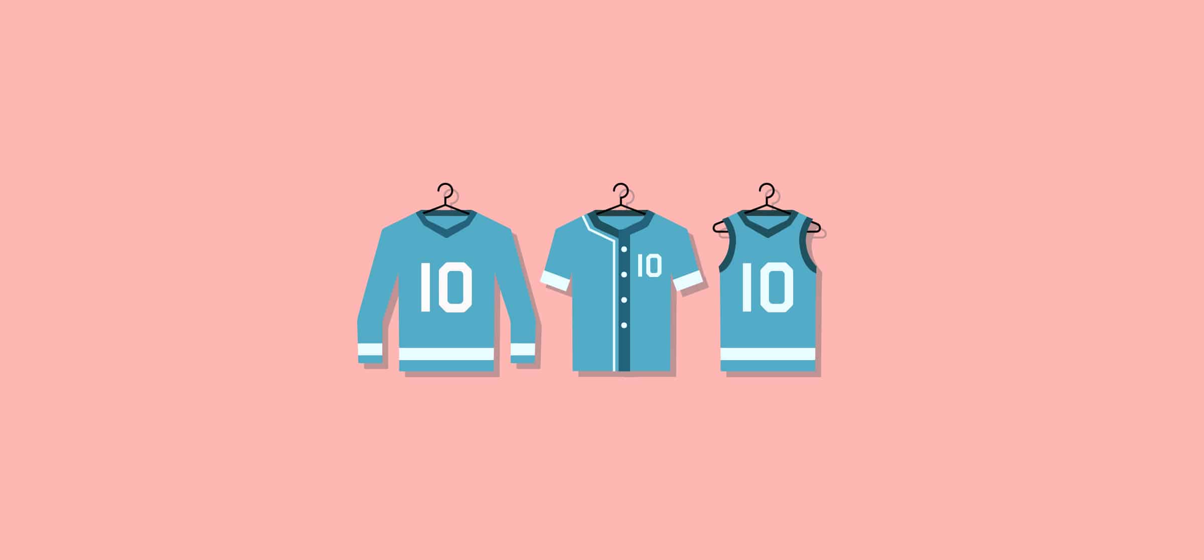 Jerseys for hockey, baseball, and basketball, representing a cross functional team