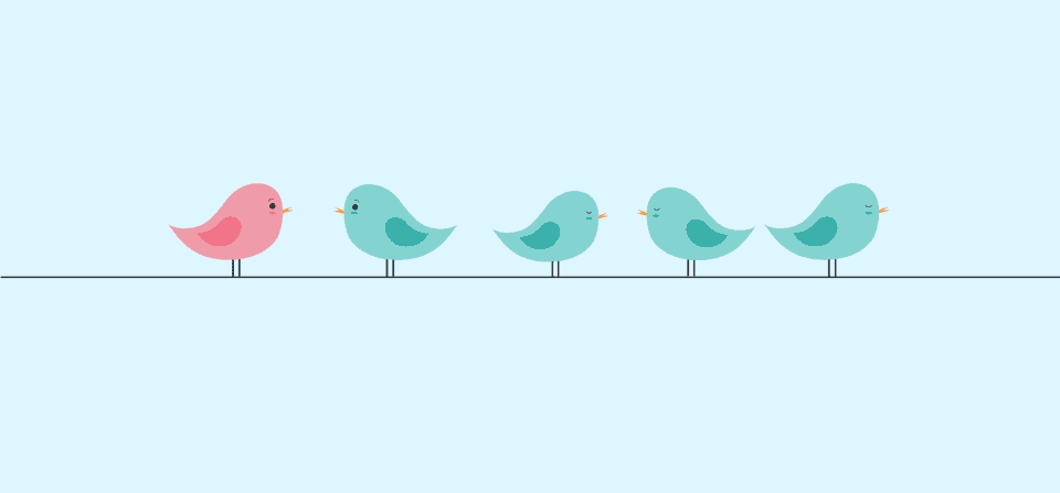 Birds of multiple colors, representing going from new hire to full collaborator