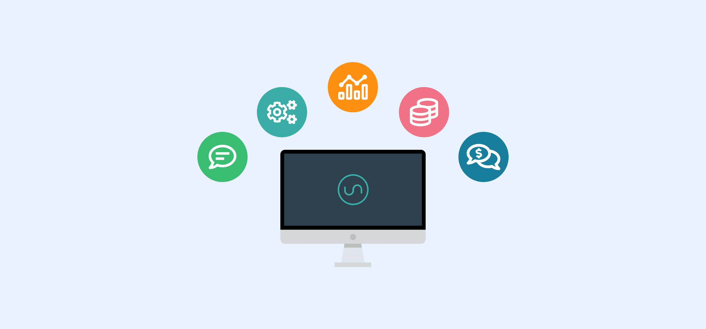 A computer monitor surrounded by symbols for chat, income, and statistics, representing CRM software.