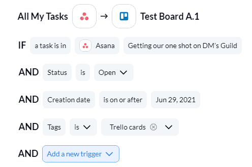 A screenshot of Unito's flow building tool syncing Asana tasks to Trello. It says if a task is in Asana with a creation date on or after a specific date, and the Asana task is tagged "Trello cards" then it should sync with Unito