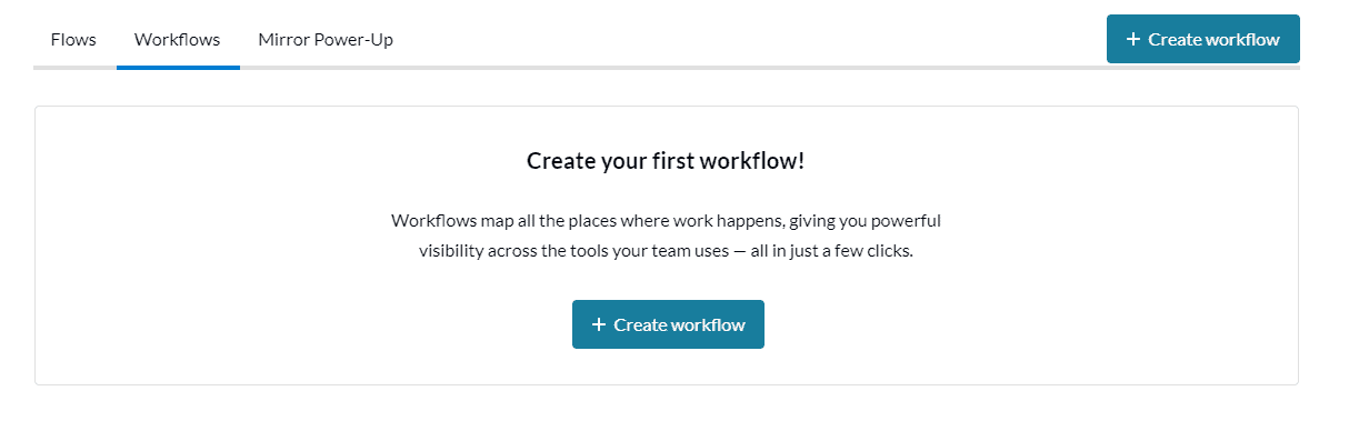 Screenshot of a 'Create your first workflow' interface in Unito with a 'Create workflow' button, highlighting the initial setup step in a project management software.