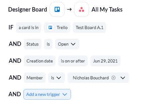 Configuration interface of a Unito flow showing conditional logic settings such as 'IF a card is in Trello' and status filters for 2-way task sync to Asana