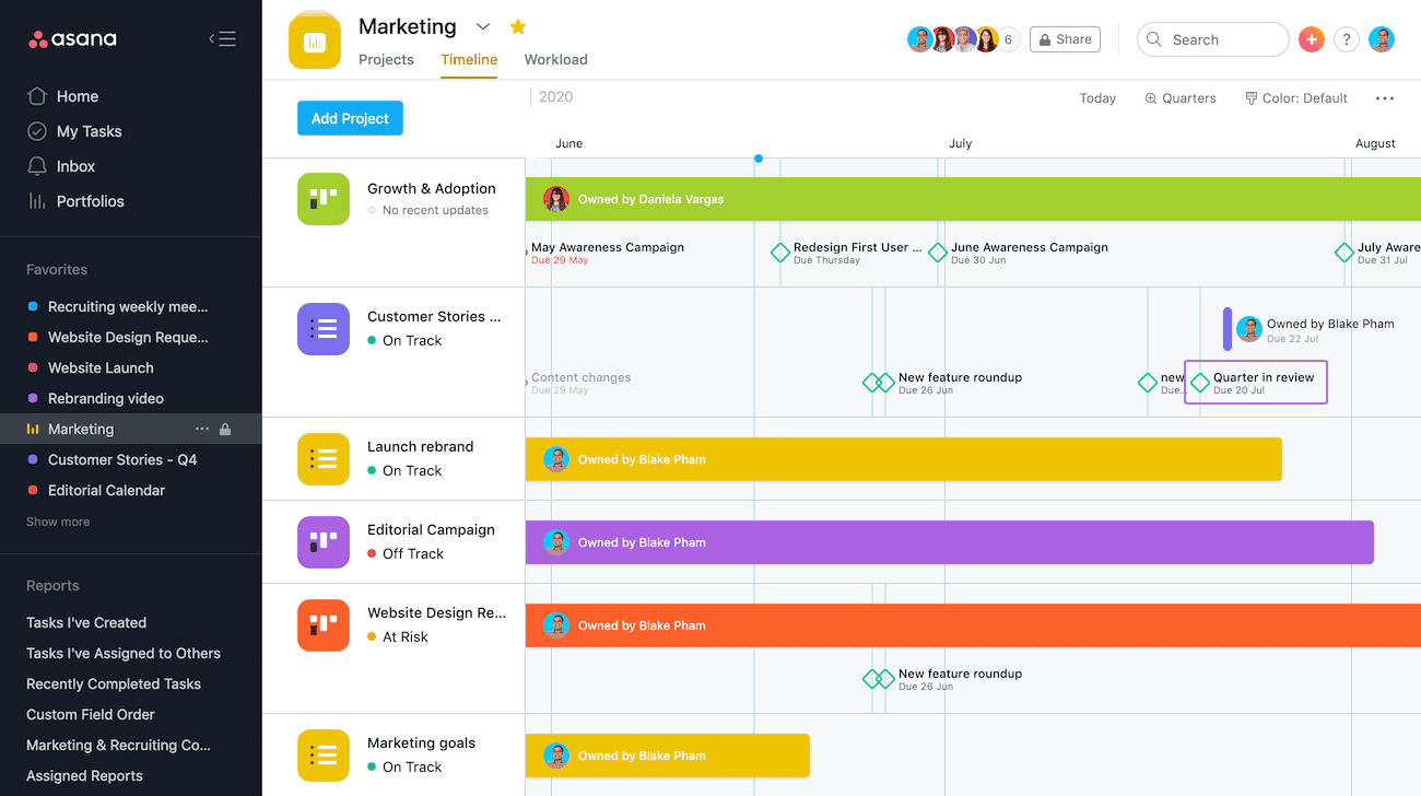 A screenshot of an Asana's Portfolio's Timeline view.