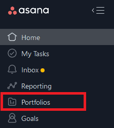 Asana's left-hand menu, with "Portfolios" highlighted.