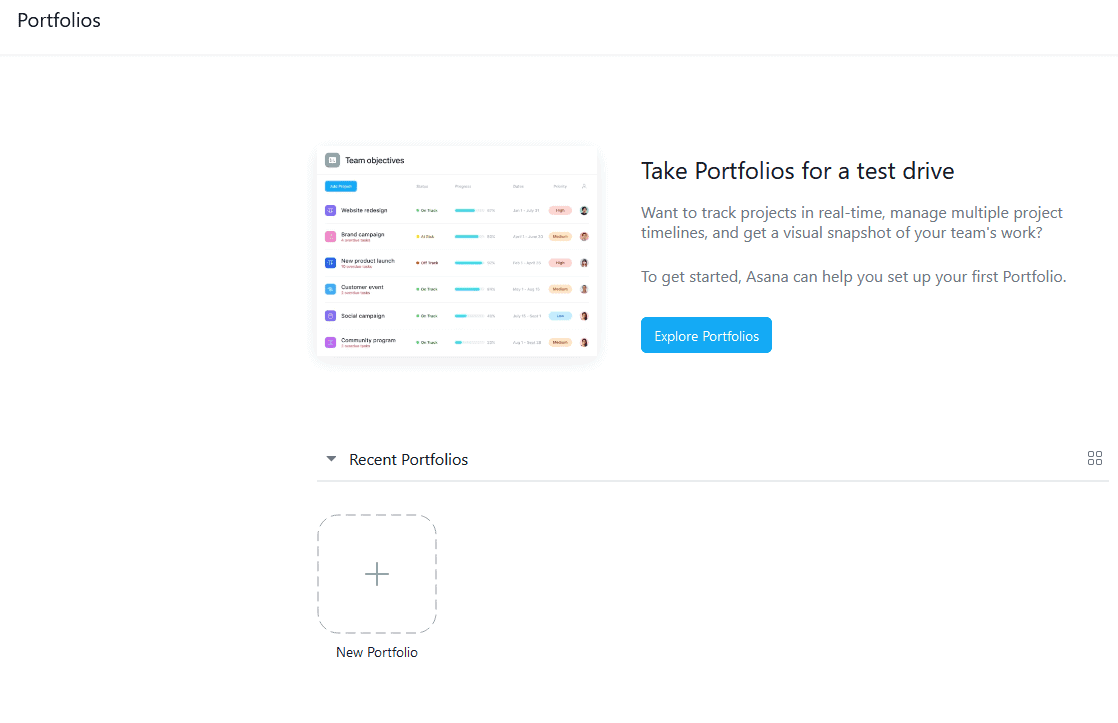 The Portfolios screen in Asana.