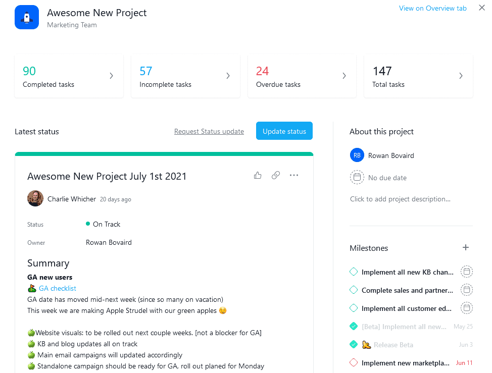 A screenshot of a status report in Asana.