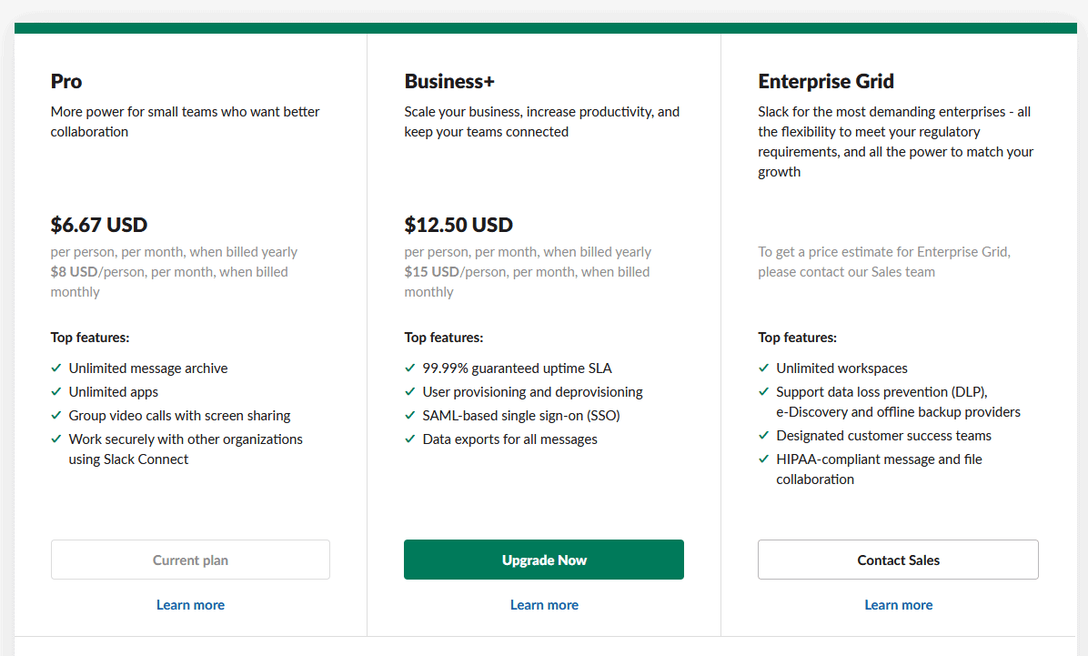 A screenshot of Slacks paid plans, including the Pro, Business+, and Enterprise Grid plans.