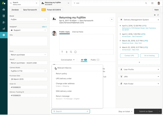 A screenshot of Zendesk, a work management tool for customer support.