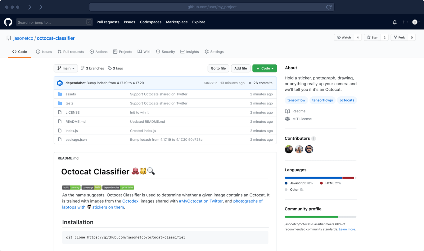 A screenshot of GitHub, a remote work tool for developers.