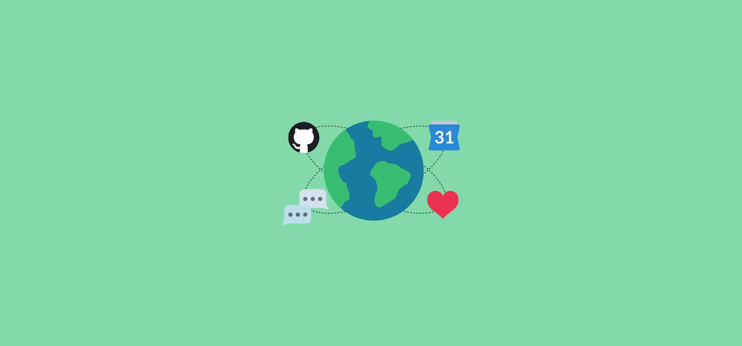 Planet earth surrounded by GitHub's logo, chat messages, a calendar, and a heart, representing GitHub project management