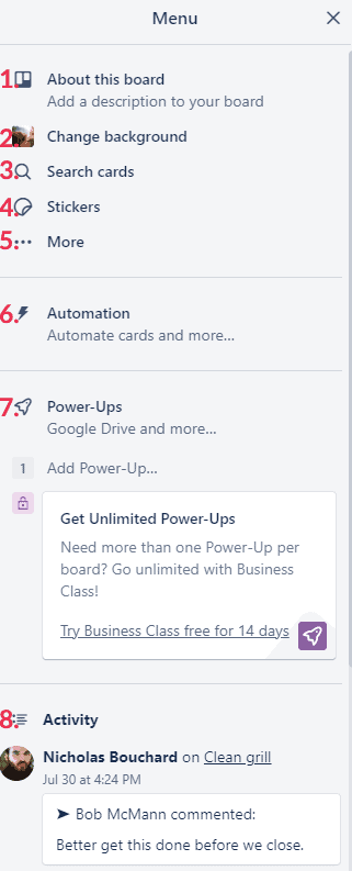 A screenshot of Trello's right-hand menu.