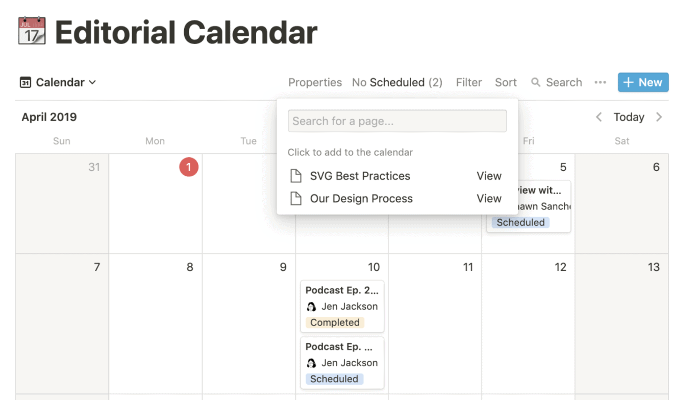 A screenshot of the editorial calendar notion template.