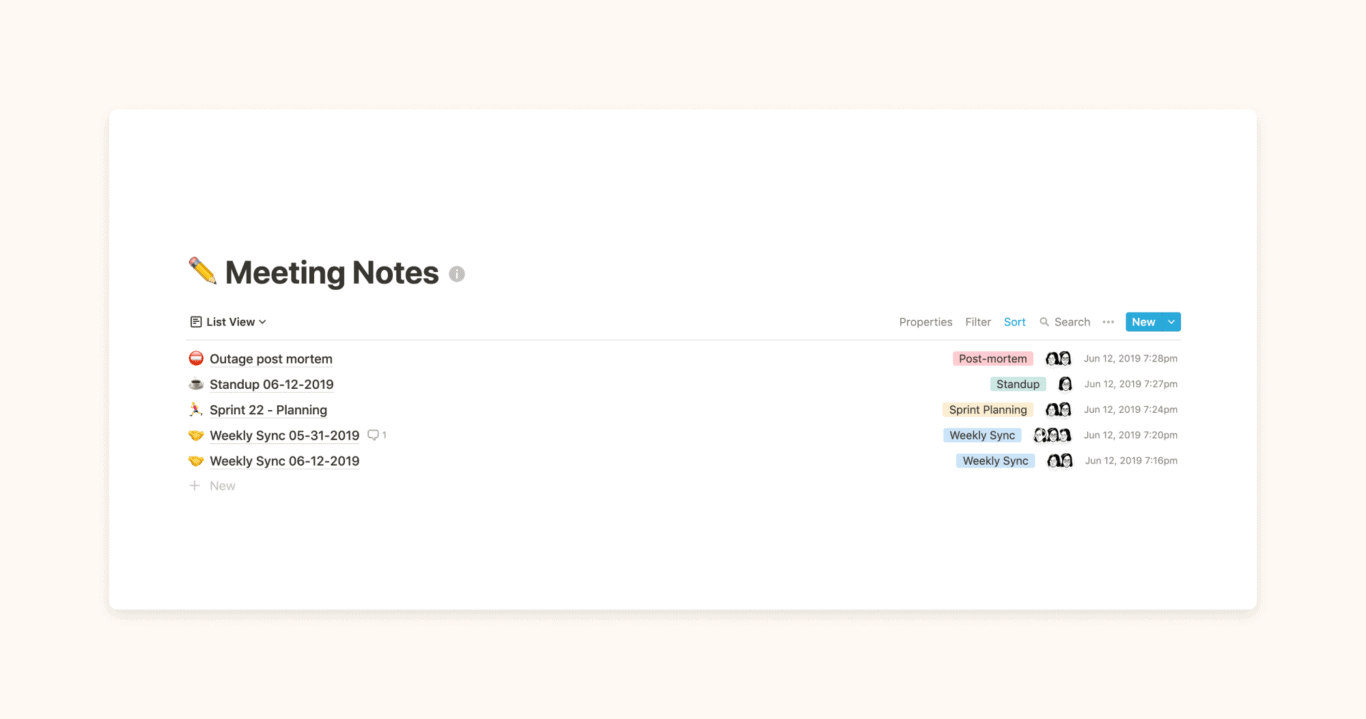 A screenshot of the meeting notes notion template.