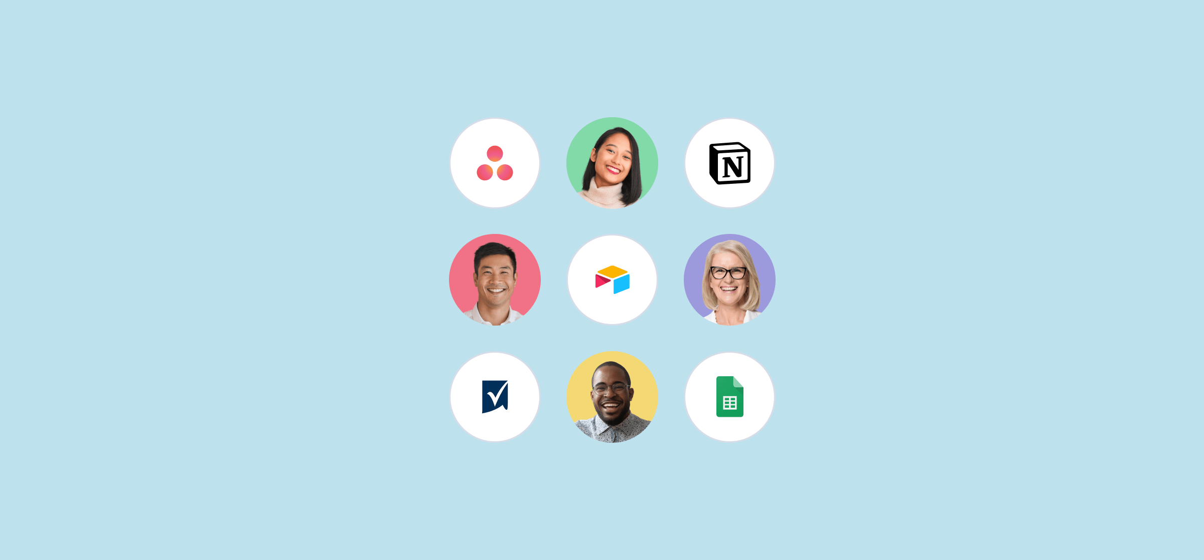 Pictures of smiling people and logos for Sheets, Airtable, Smartsheet, Notion, and Asaana, representing the best reporting tools blog post.