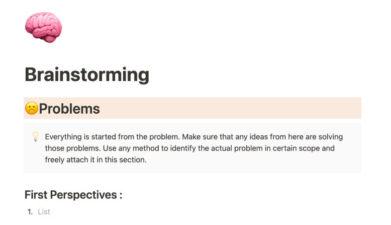A screenshot of the brainstorming notion template.