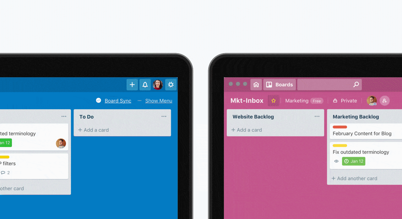 An animation showing how Board Sync can sync Trello cards between boards.