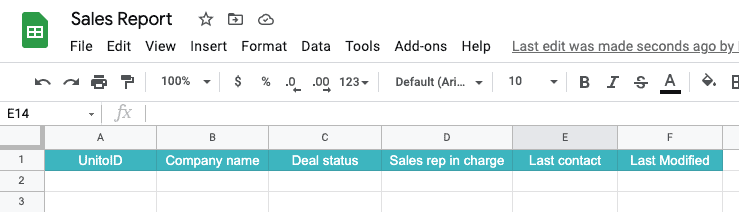 A table header or header row in Google Sheets. The first row tells Unito how to identify fields from Trello