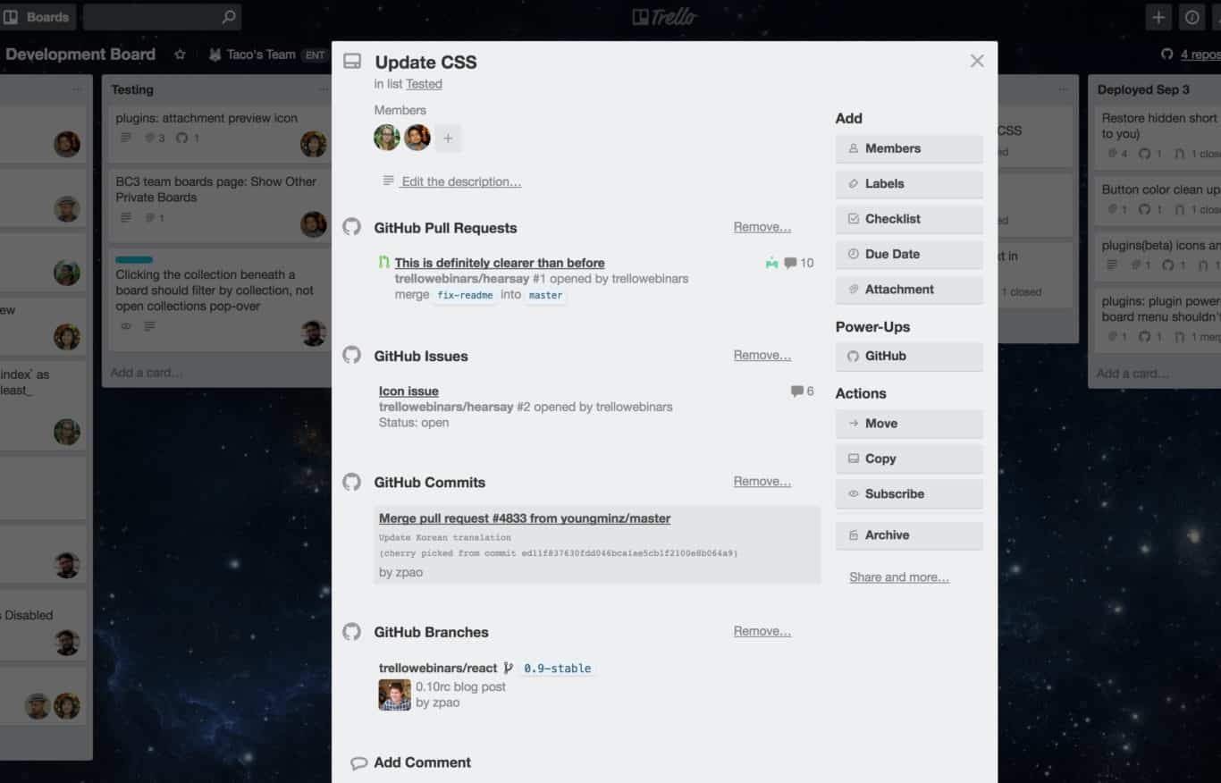 A screenshot of a Trello card with GitHub fields, from Trello's GitHub Power-Up.