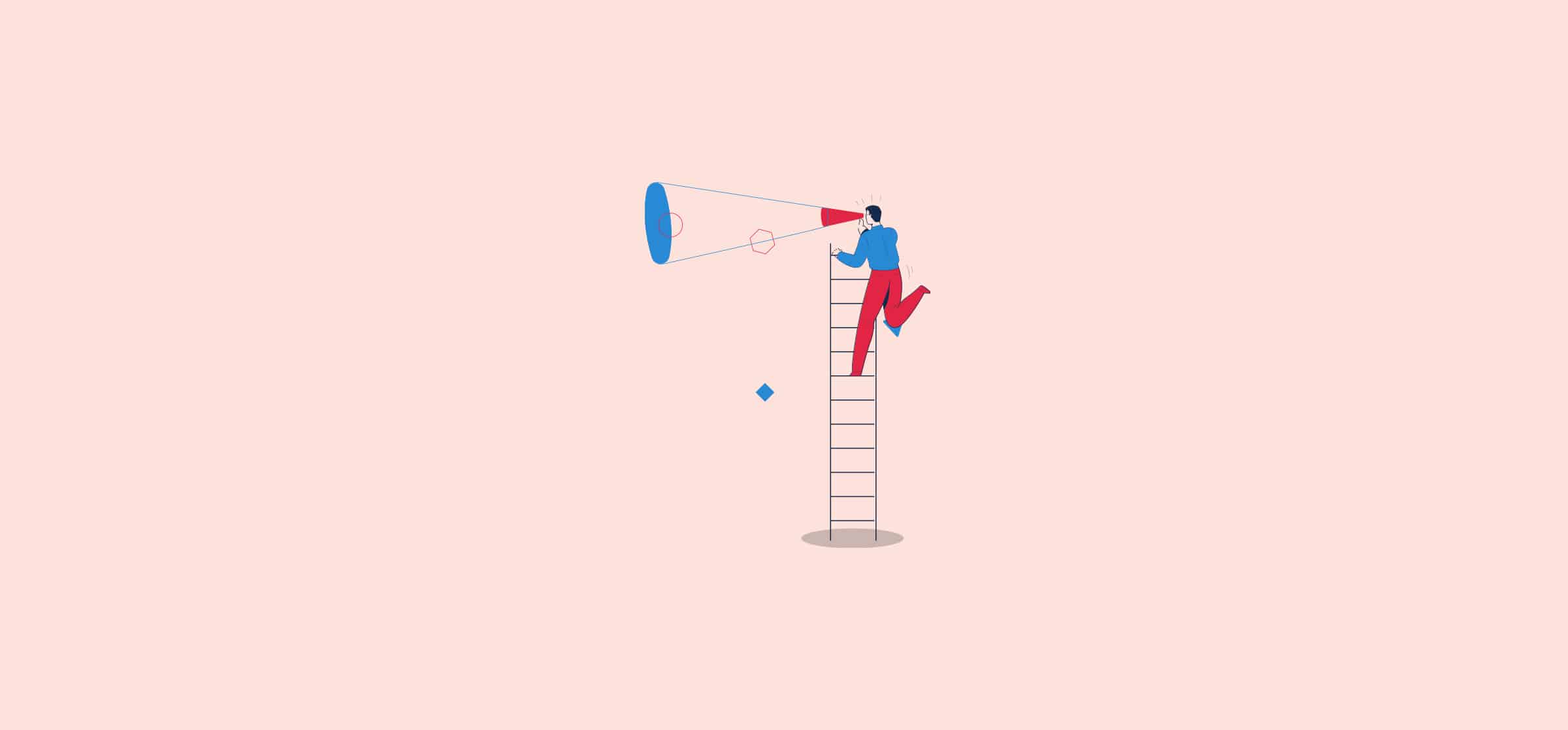 A person going up a ladder with a megaphone, representing lead generation.