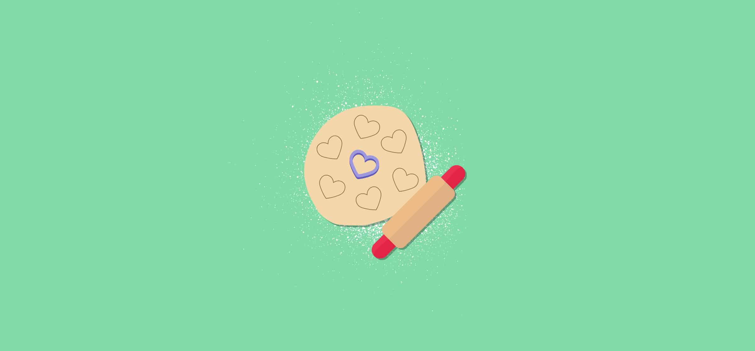 A rolling pin, a piece of dough, and heart-shaped cookie cutter. Represents the task templates blog post.