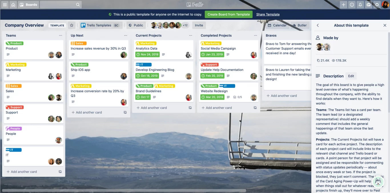 A screenshot of a board in Trello, a project management app.