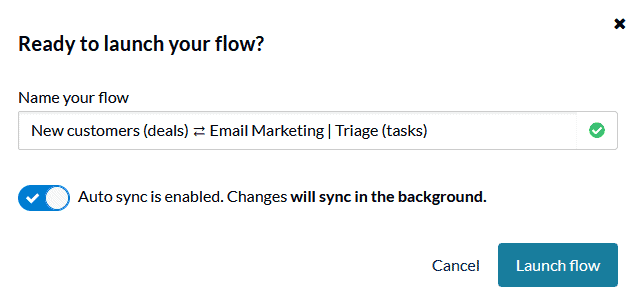 A screenshot of the launch dialog for a flow connecting a New Customers pipeline and an Email Marketing Asana project.