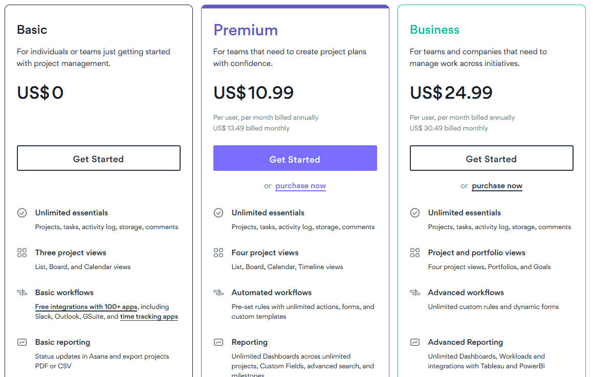 A screenshot of pricing plans for Asana, a project management app.