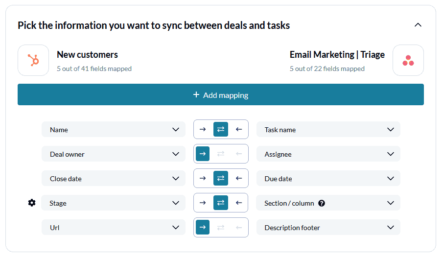 A screenshot of field mappings for a flow with Asana and HubSpot.