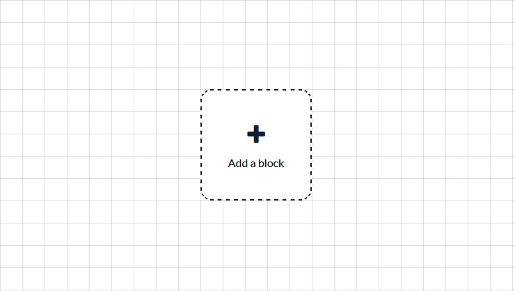 Interface showing a dotted square with a plus sign icon and text 'Add a block' on a grid layout, representing the addition of a new task or element in Unito's workflow designer.