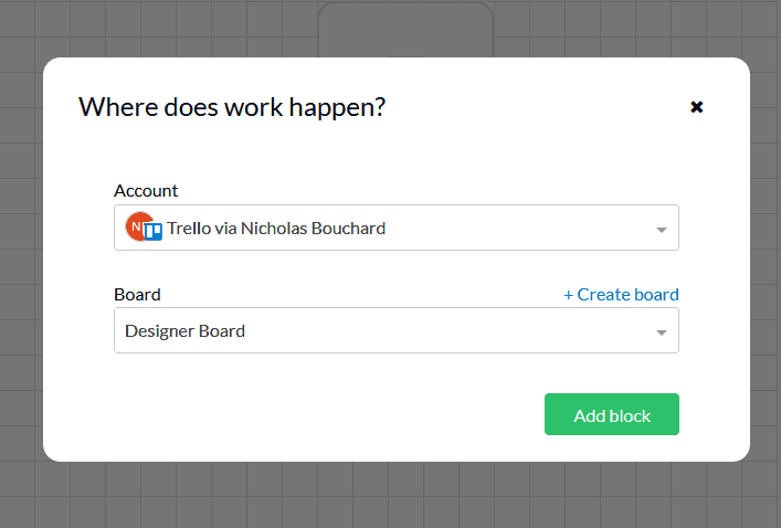Unito Pop-up dialog box in project management tool asking 'Where does work happen?' with dropdown menus for selecting Trello accounts and boards.